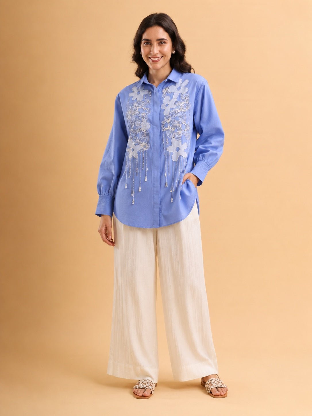 Ice Blue Oversized Floral Appliqué Shirt