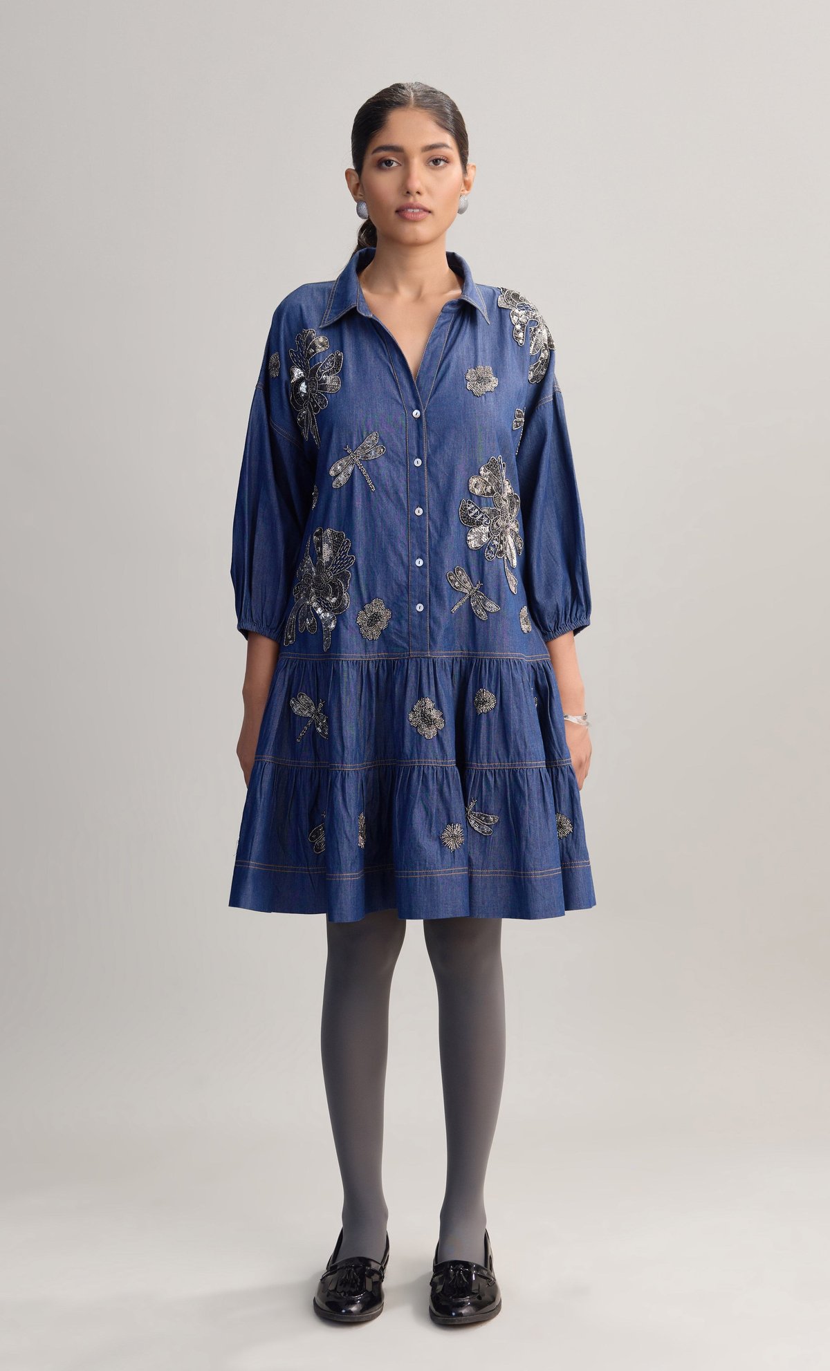 Blue Denim Embellished Tiered Midi Shirt Dress