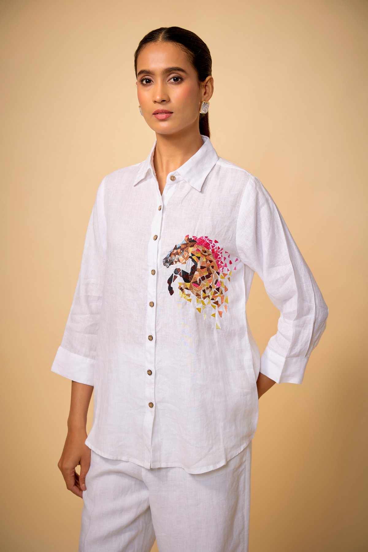 White Linen Relaxed-Fit Shirt with Chest Embroidery