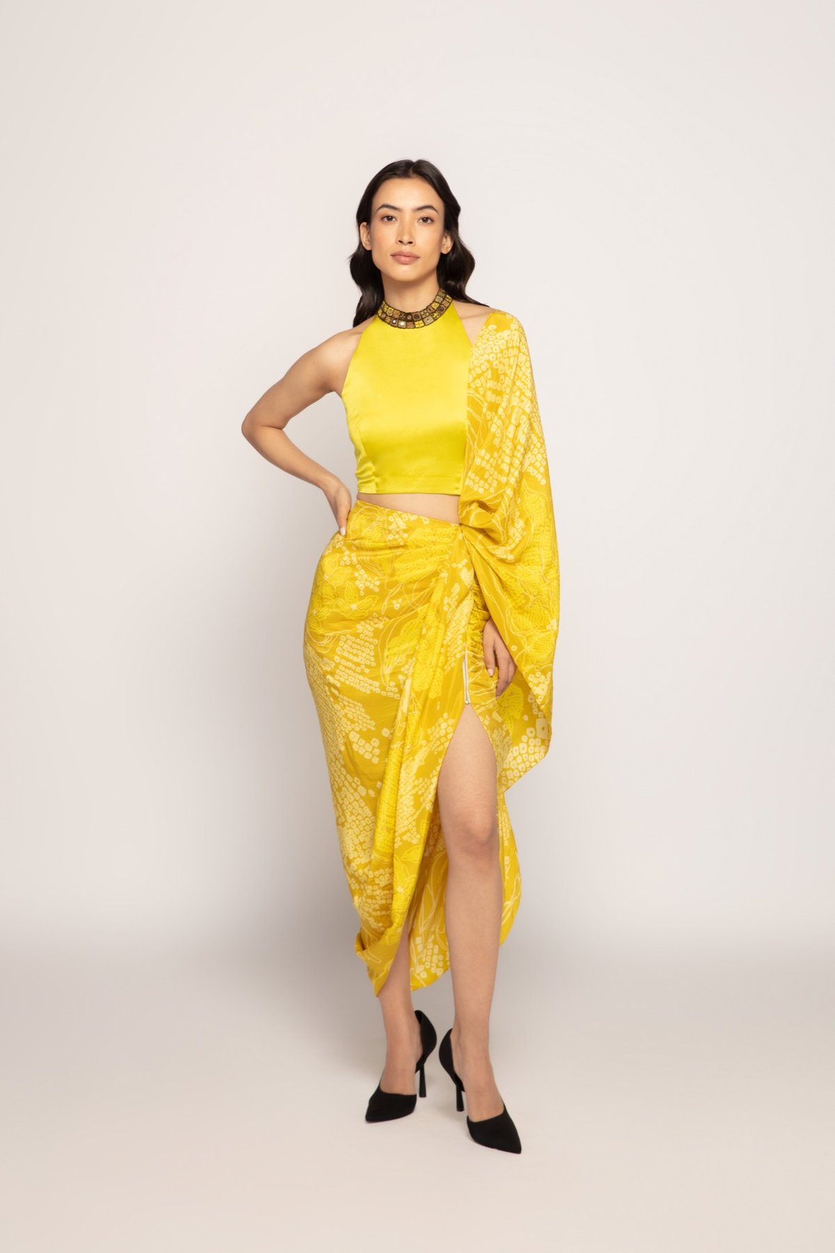 Yellow Silk Halter Neck Crop Blouse with Mirrorwork
