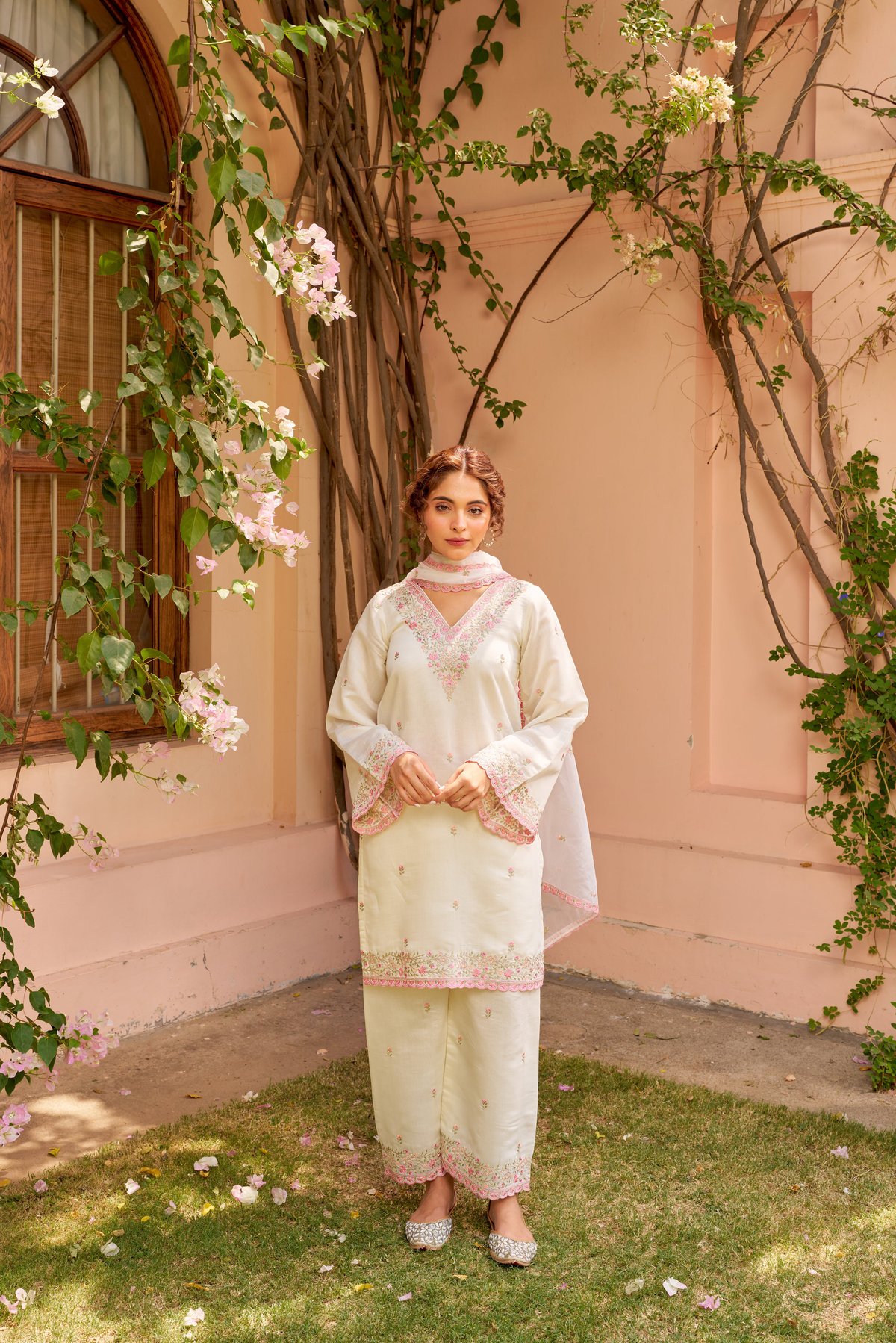 Ivory and Pink Chanderi Embroidered Straight Suit Set