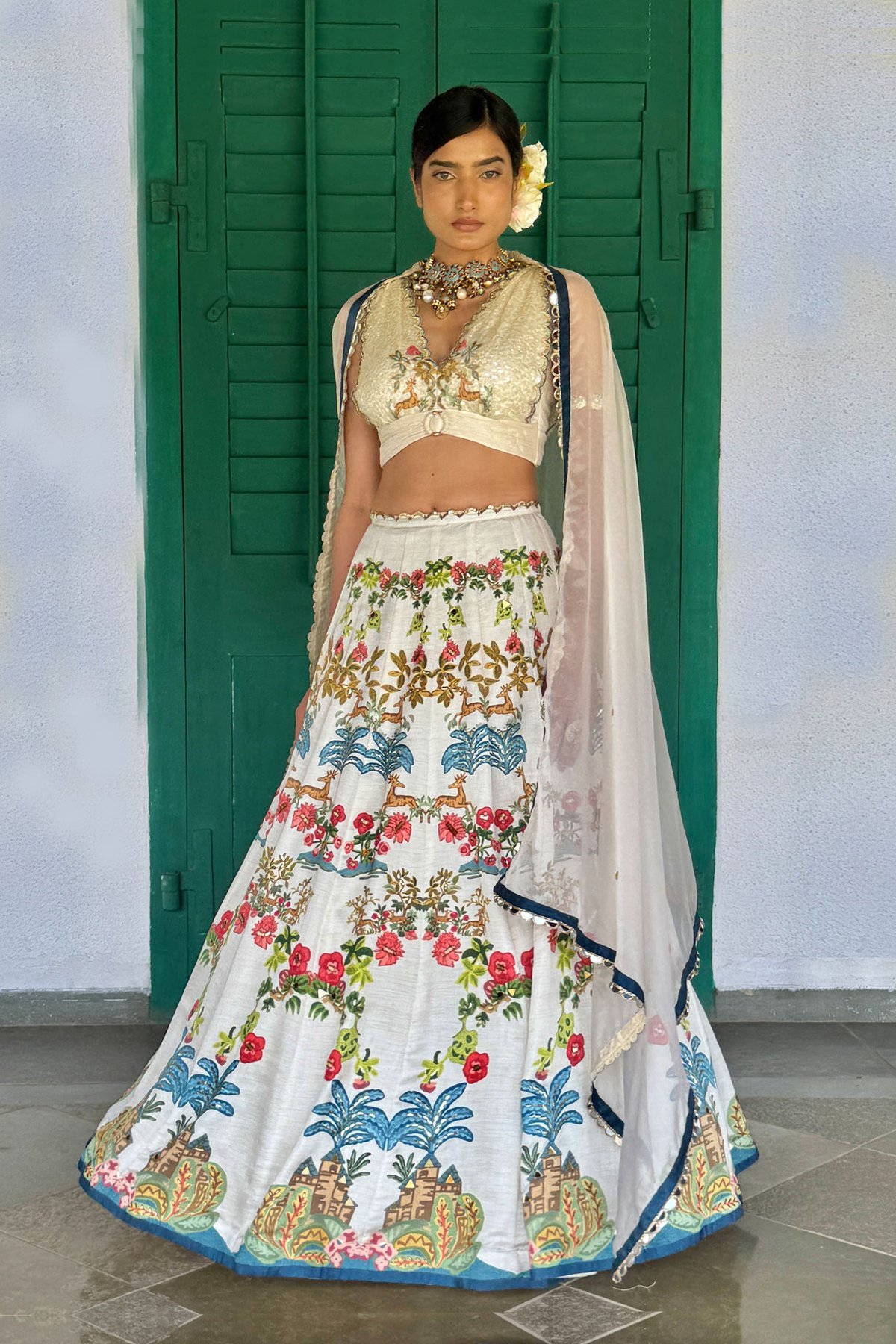 Beige Printed Lehenga Set with Sequin Blouse and Dupatta