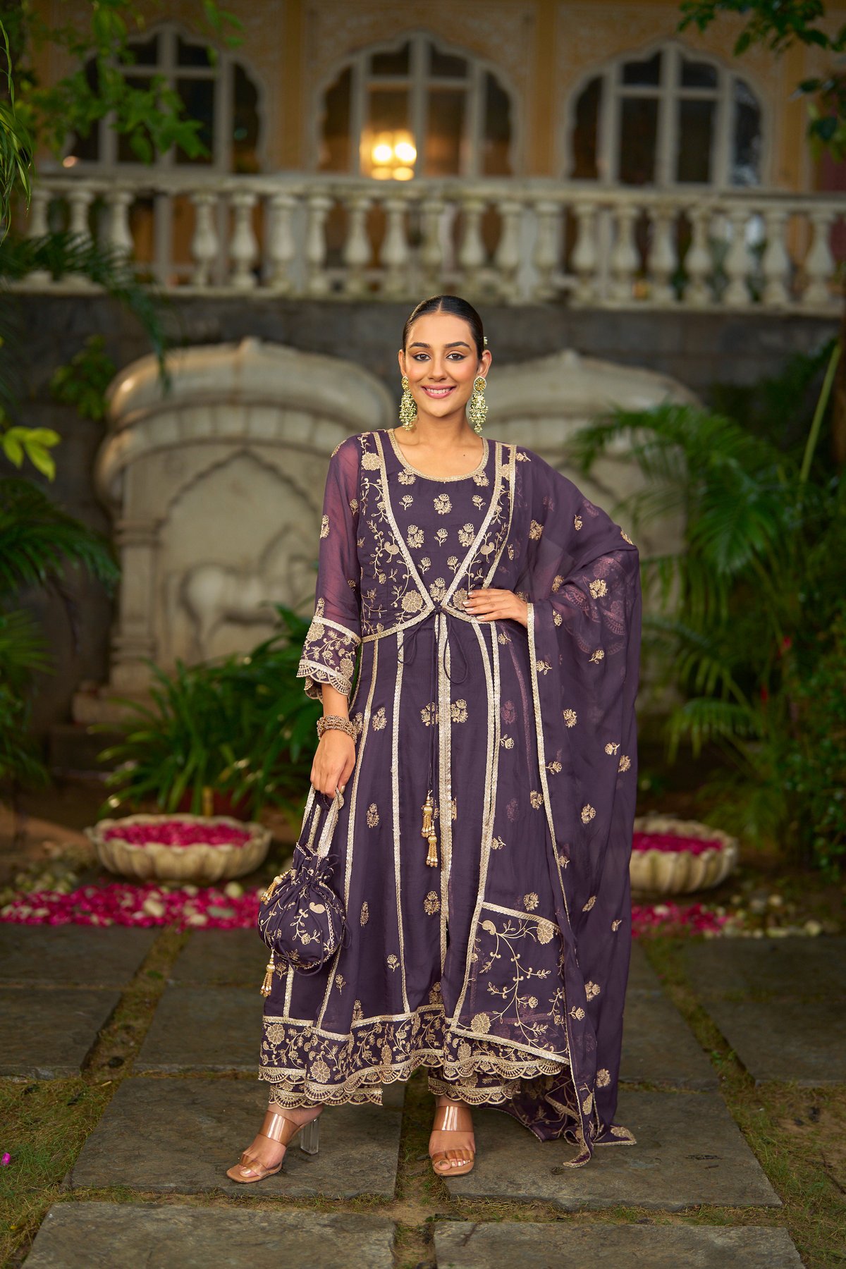 Purple Organza Anarkali Kurta Set with Gold Embroidery
