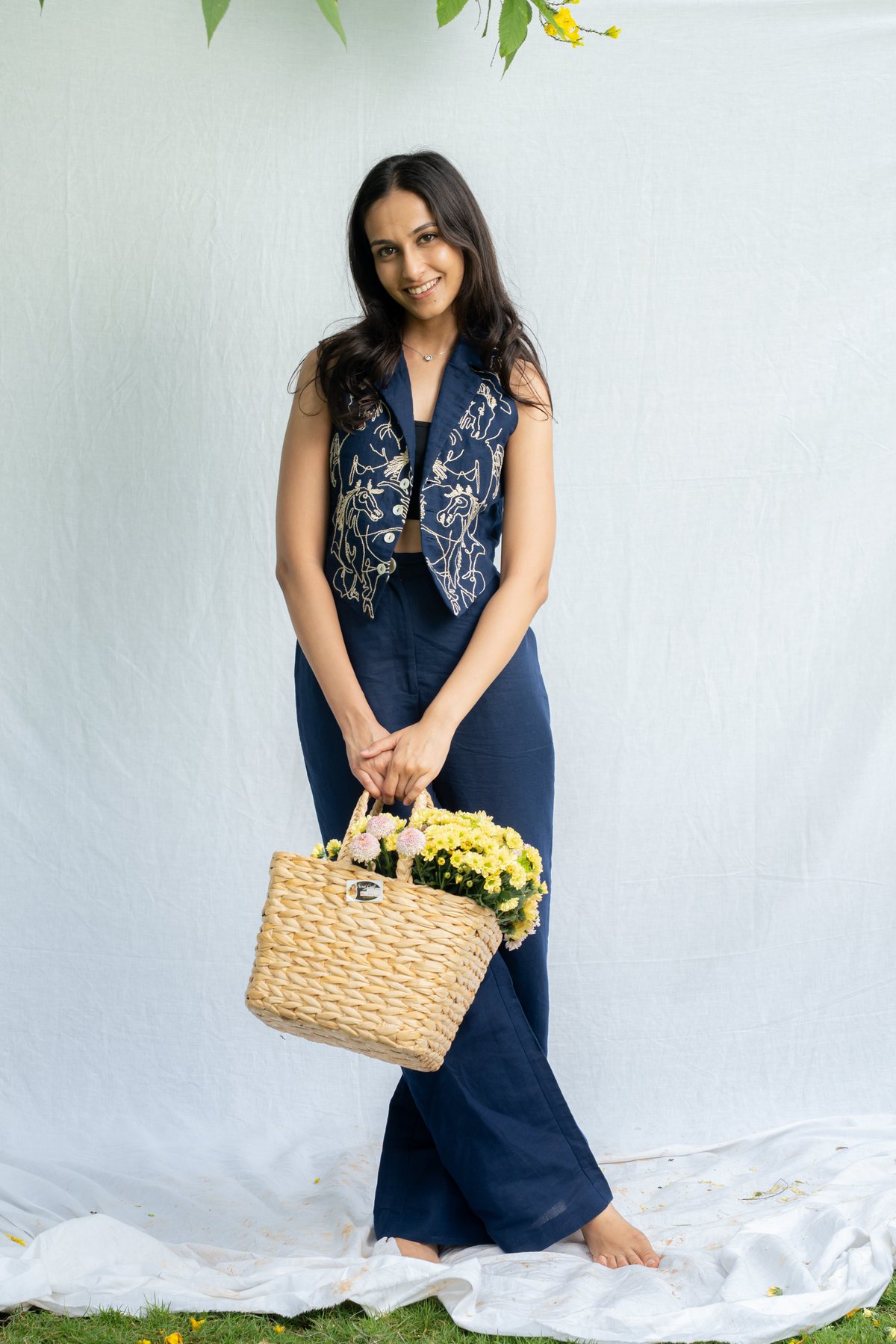 Inkwell Navy Linen Cropped Vest with Horse Embroidery