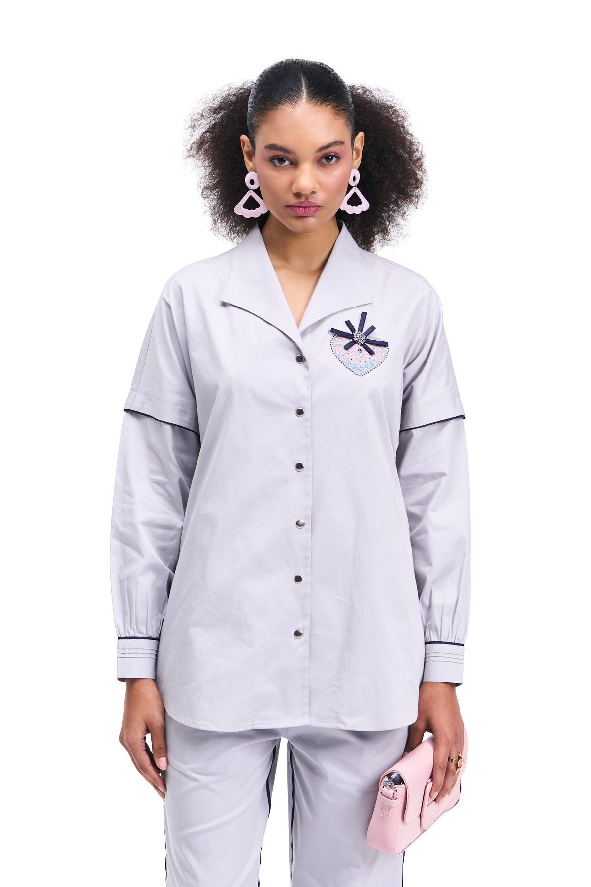 Cloud Grey Cotton Twill Shirt with Heart Applique