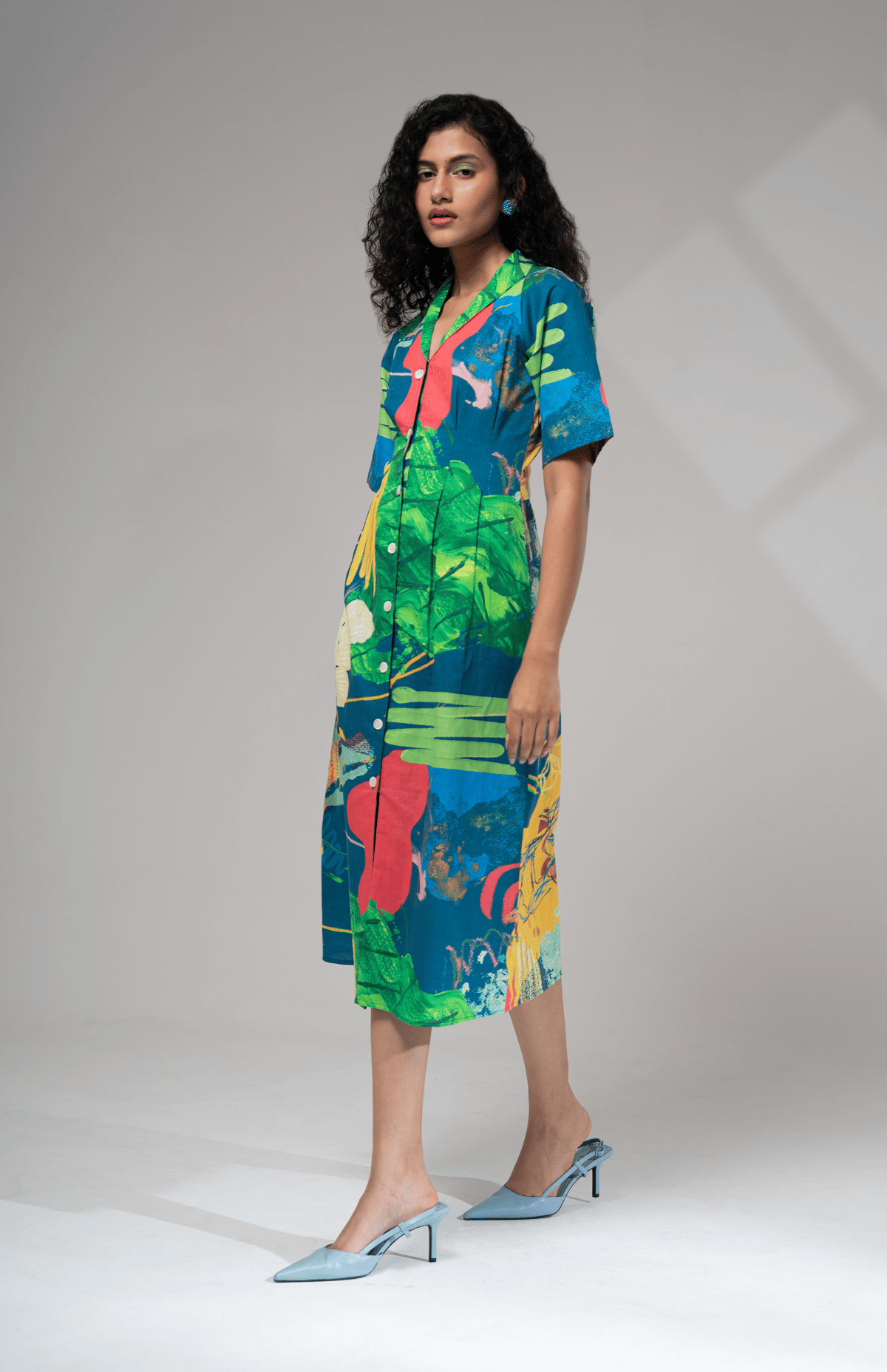 Multicolor Abstract Printed Midi Shirt Dress