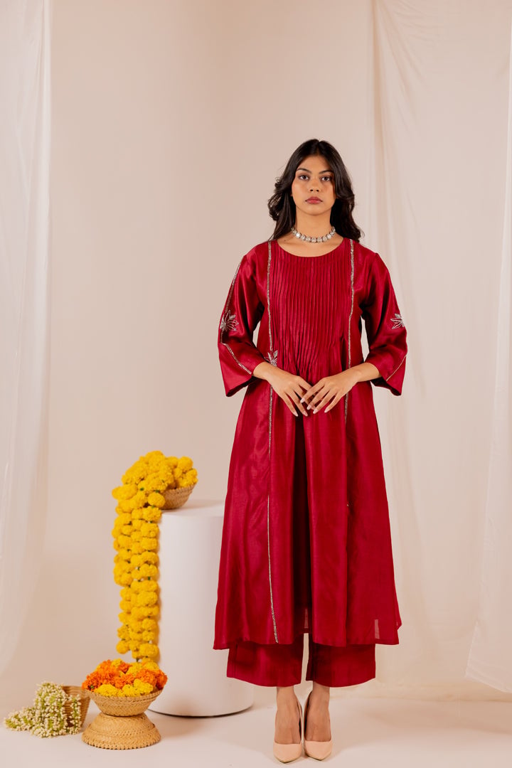 Maroon Chanderi Zardozi Embroidered Kurta Set