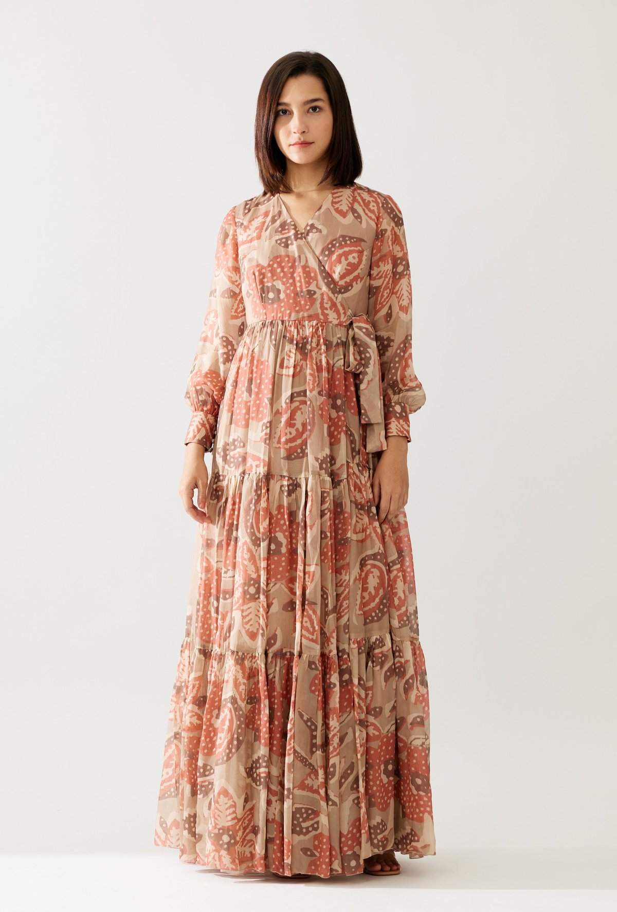Grey And Peach Floral Wrap Dress