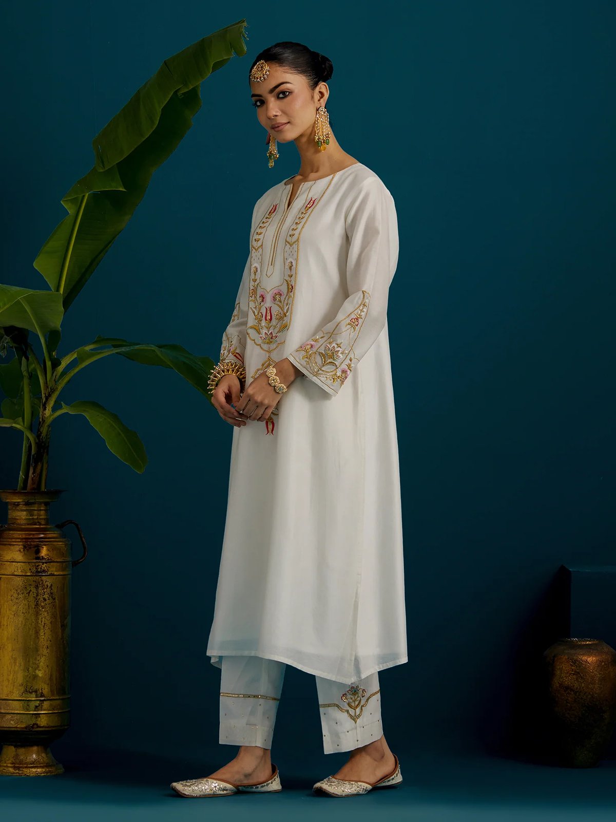 Ivory Silk Chanderi Embroidered A-Line Kurta Set