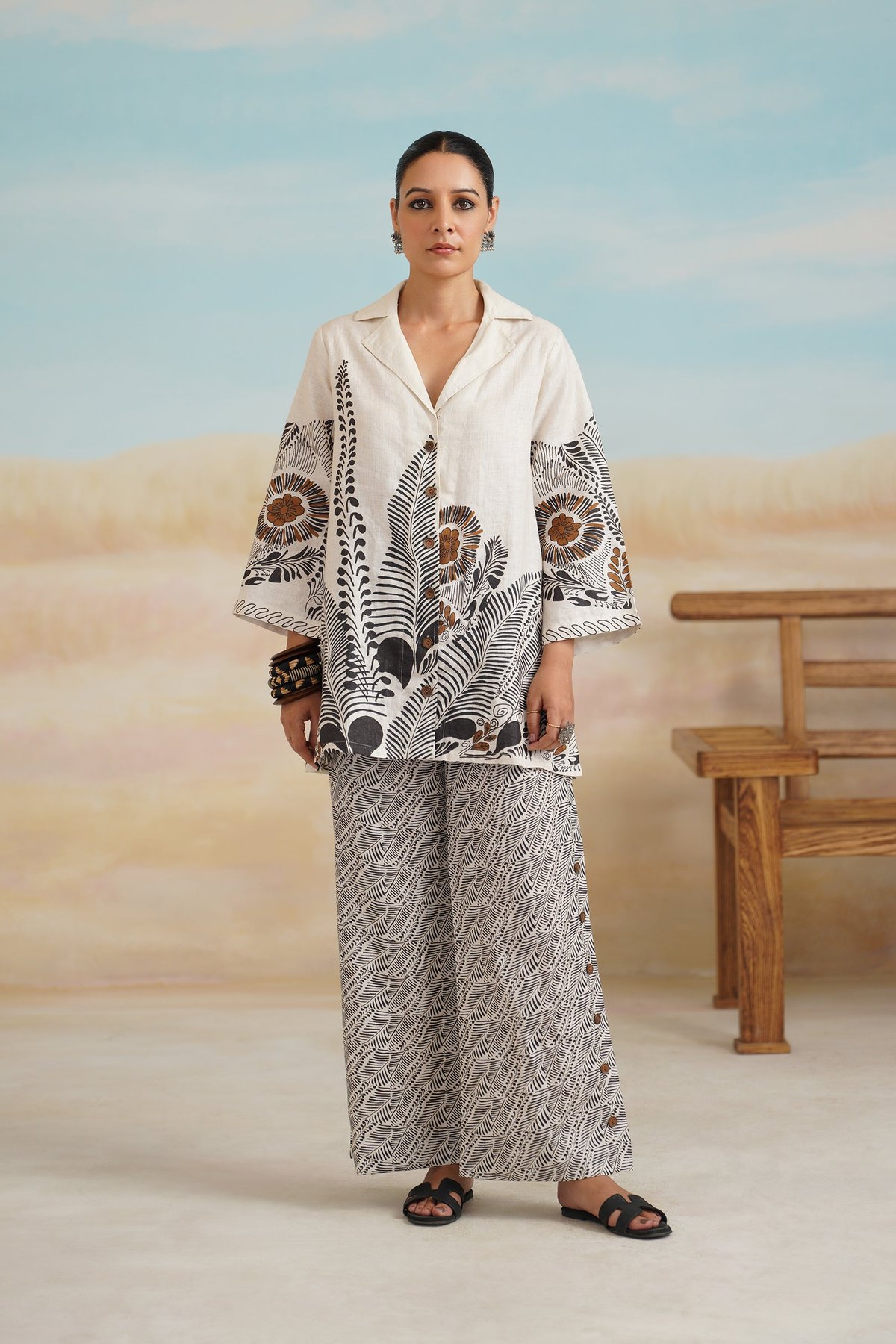 White Linen Printed Shirt and Wide-Leg Pants Co-ord Set