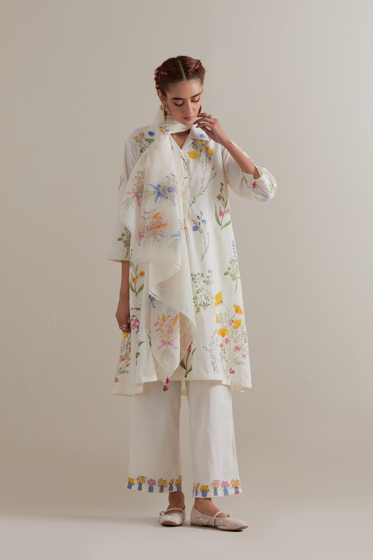 Off-White Floral Block Print A-Line Kurta Set with Dupatta