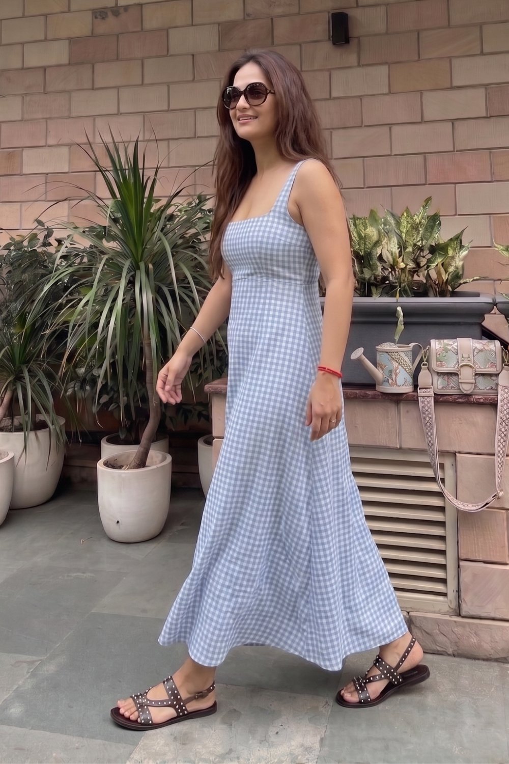 Blue Gingham Square Neck Fit and Flare Midi Dress