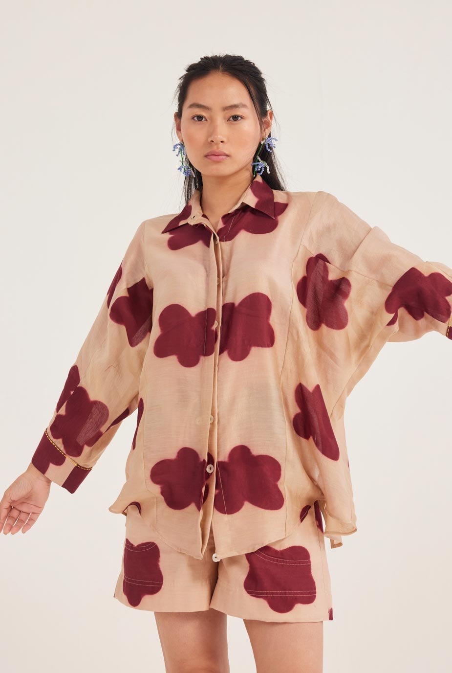 Beige Oversized Abstract Print Button-Down Shirt