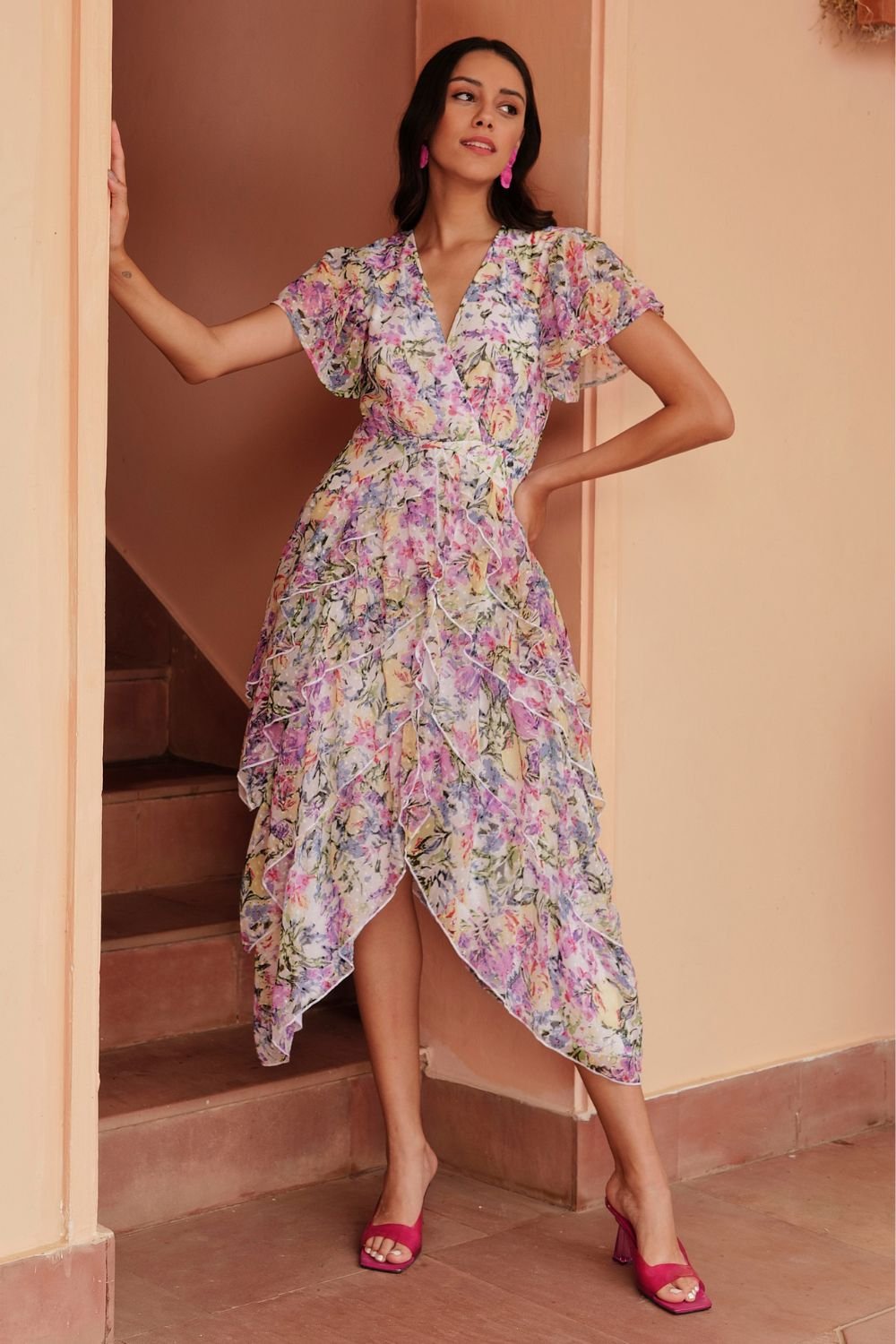 Pastel Floral Georgette Wrap Midi Dress with Ruffle Tiers