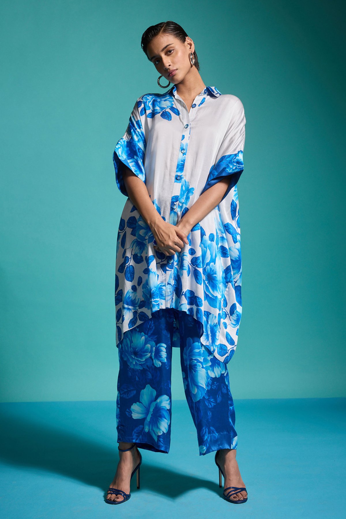 Tonal Blue Floral Boxy Shirt and Wide-Leg Pant Co-ord Set