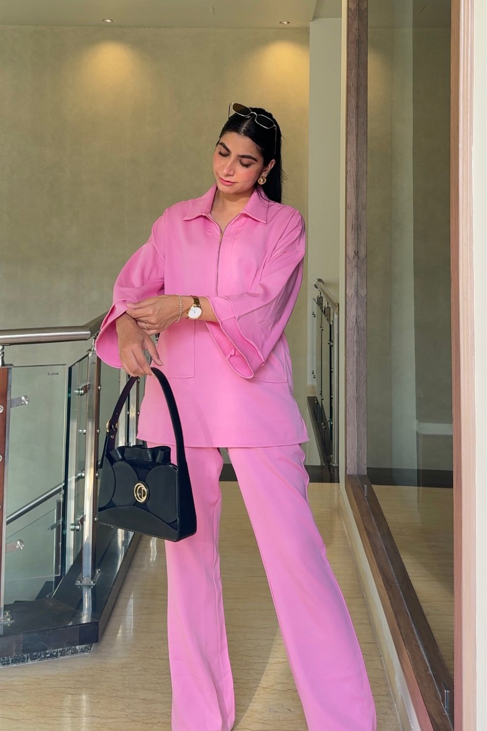 Pink Half-Zip Collared Co-ord Set with Bell Bottom Pants