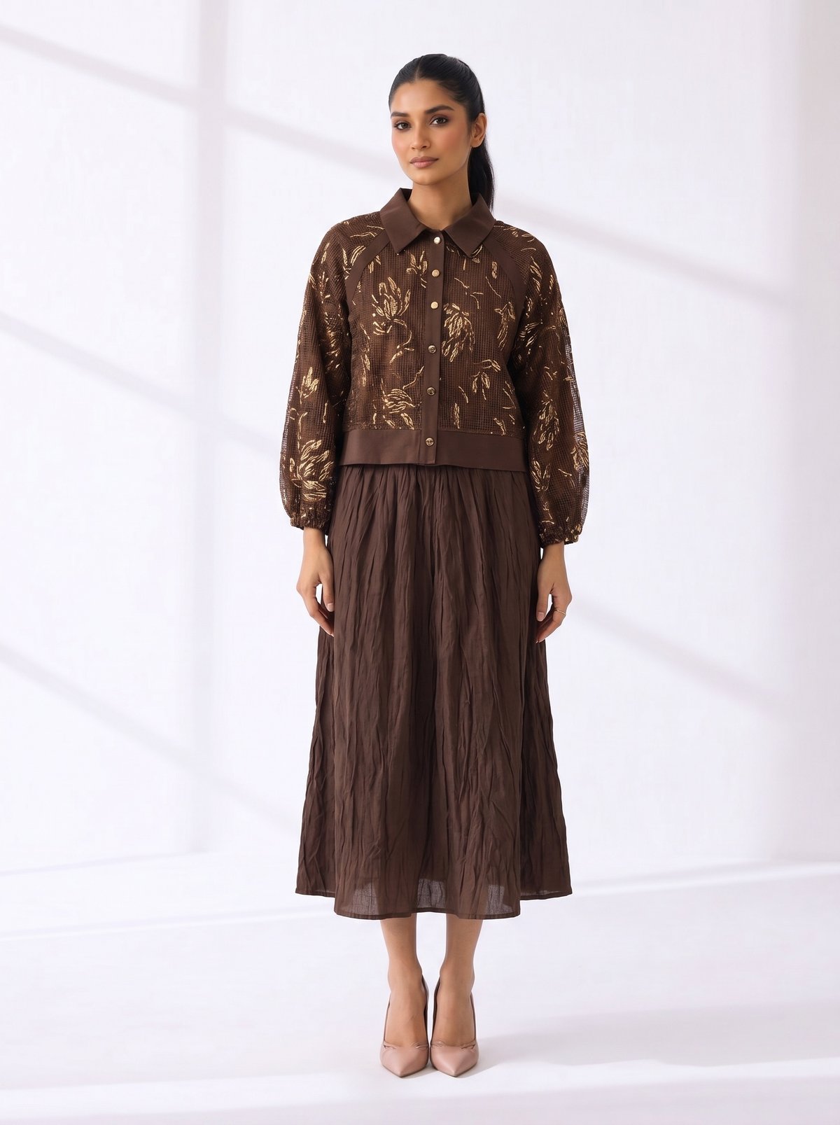 Brown Shirt and Midi Skirt Co-ord Set