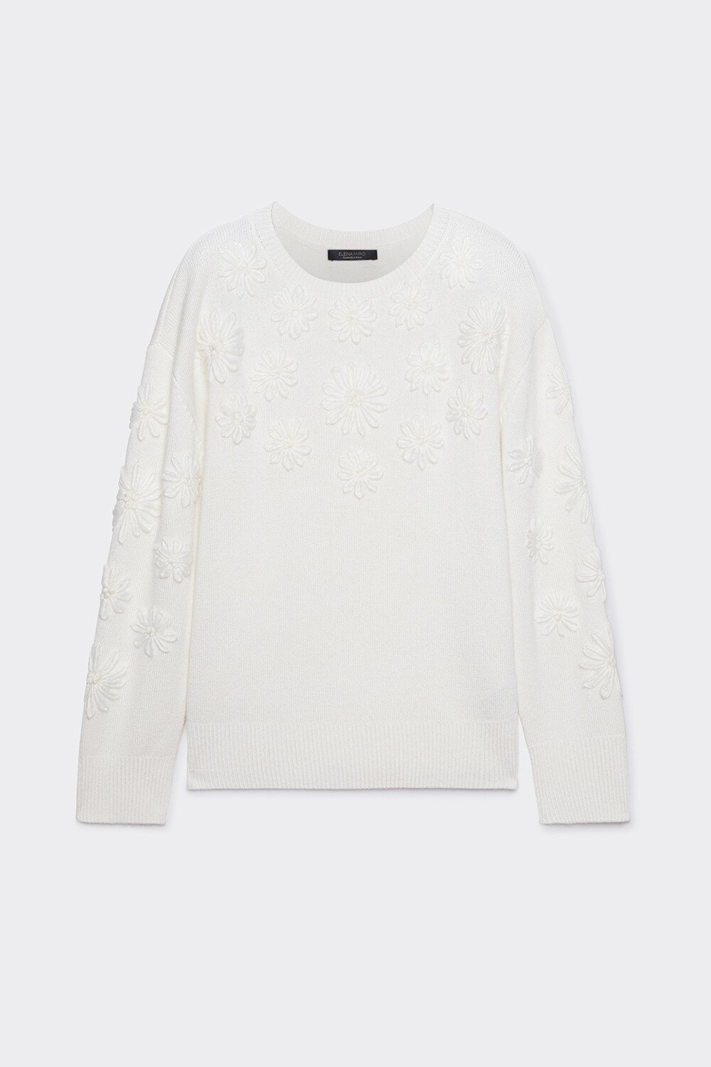 White Floral Embroidered Round-Neck Pullover Sweater