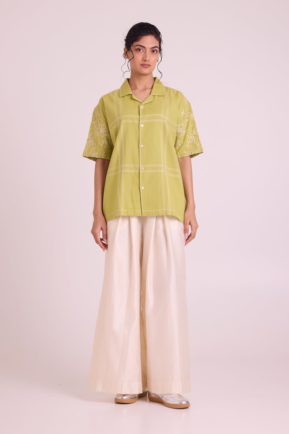 Lime Green Relaxed Fit Boxy Shirt with Stitch Grid