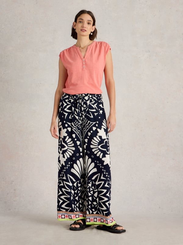 Navy Multi Printed Wide-Leg Trousers with Tie Belt