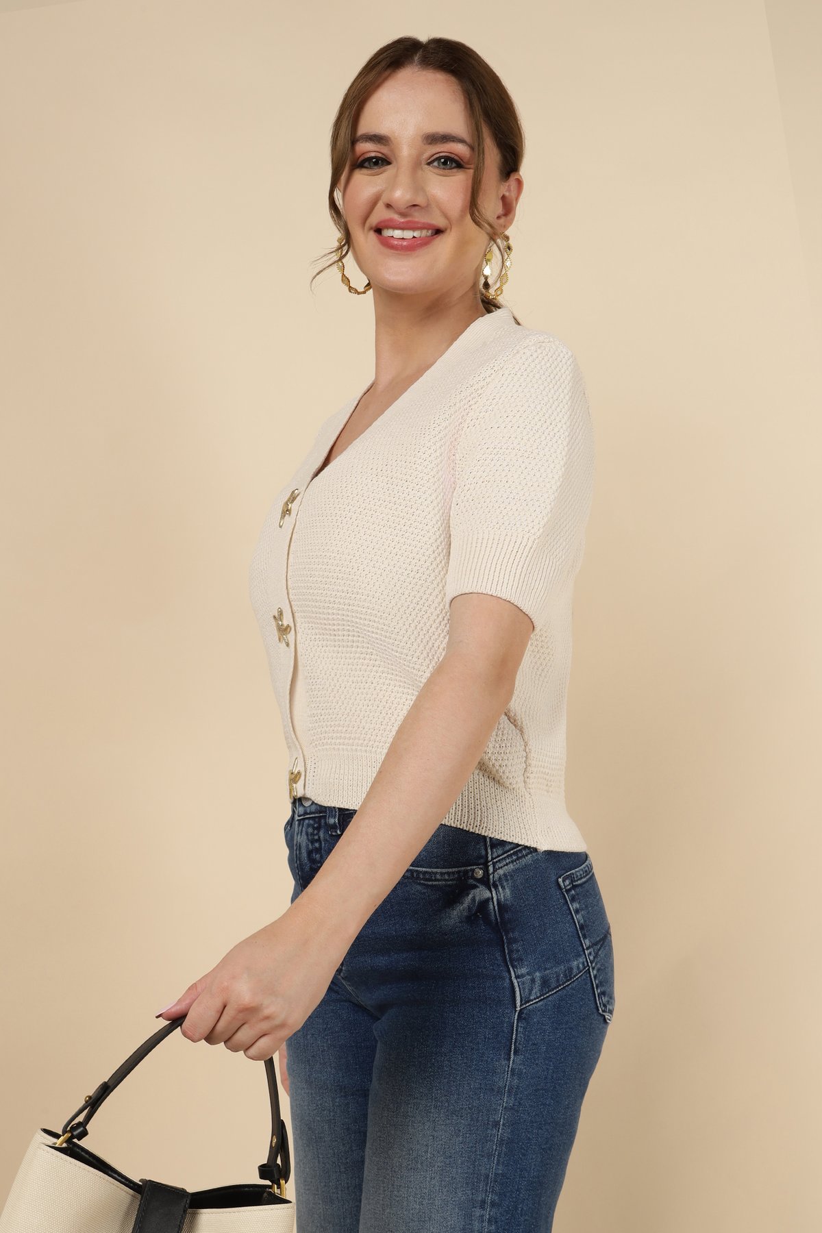 Beige V-Neck Cropped Button-Front Knit Cardigan