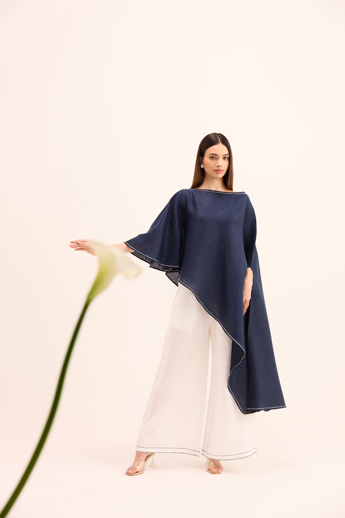 Blue Cape Top and White Linen Pants Co-ord Set