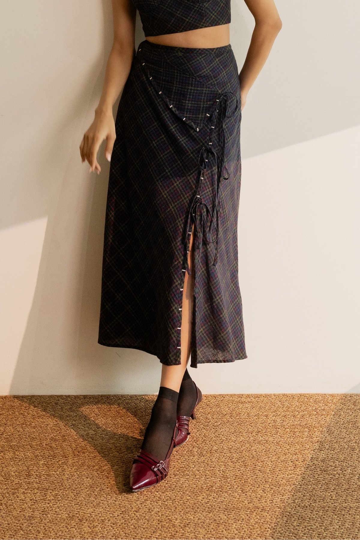 Black Checked A-Line Midi Wrap Skirt with Tie-Up Slit