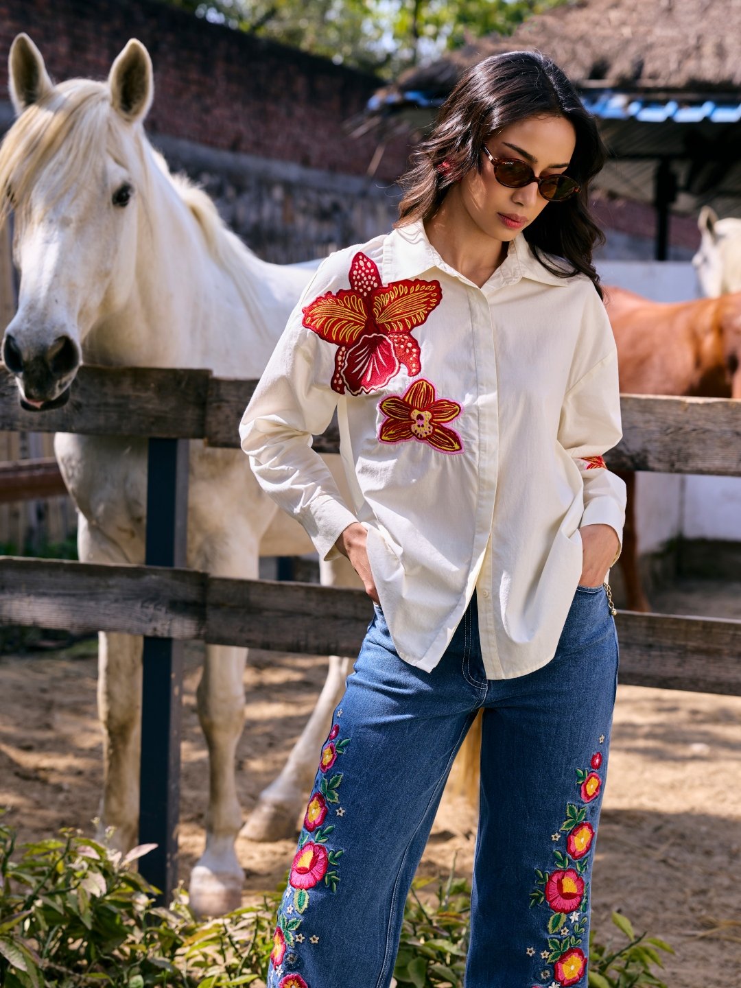 Off-White Floral Applique Button-Down Shirt