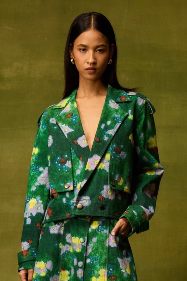 Green Floral Cropped Denim Jacket with Lapel Collar