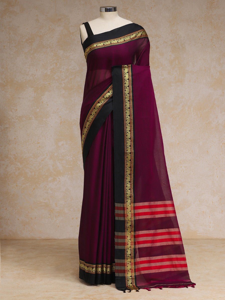 Deep Maroon Elephant Border Cotton Narayanpet