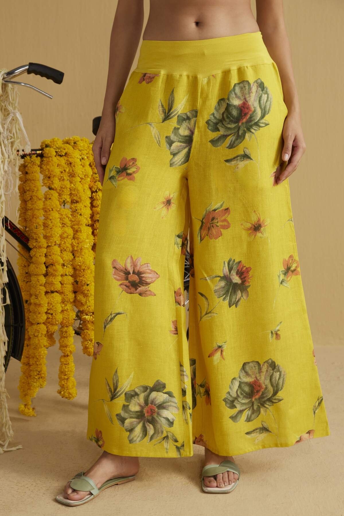 Bumblebee Yellow Linen Floral Palazzo Pants