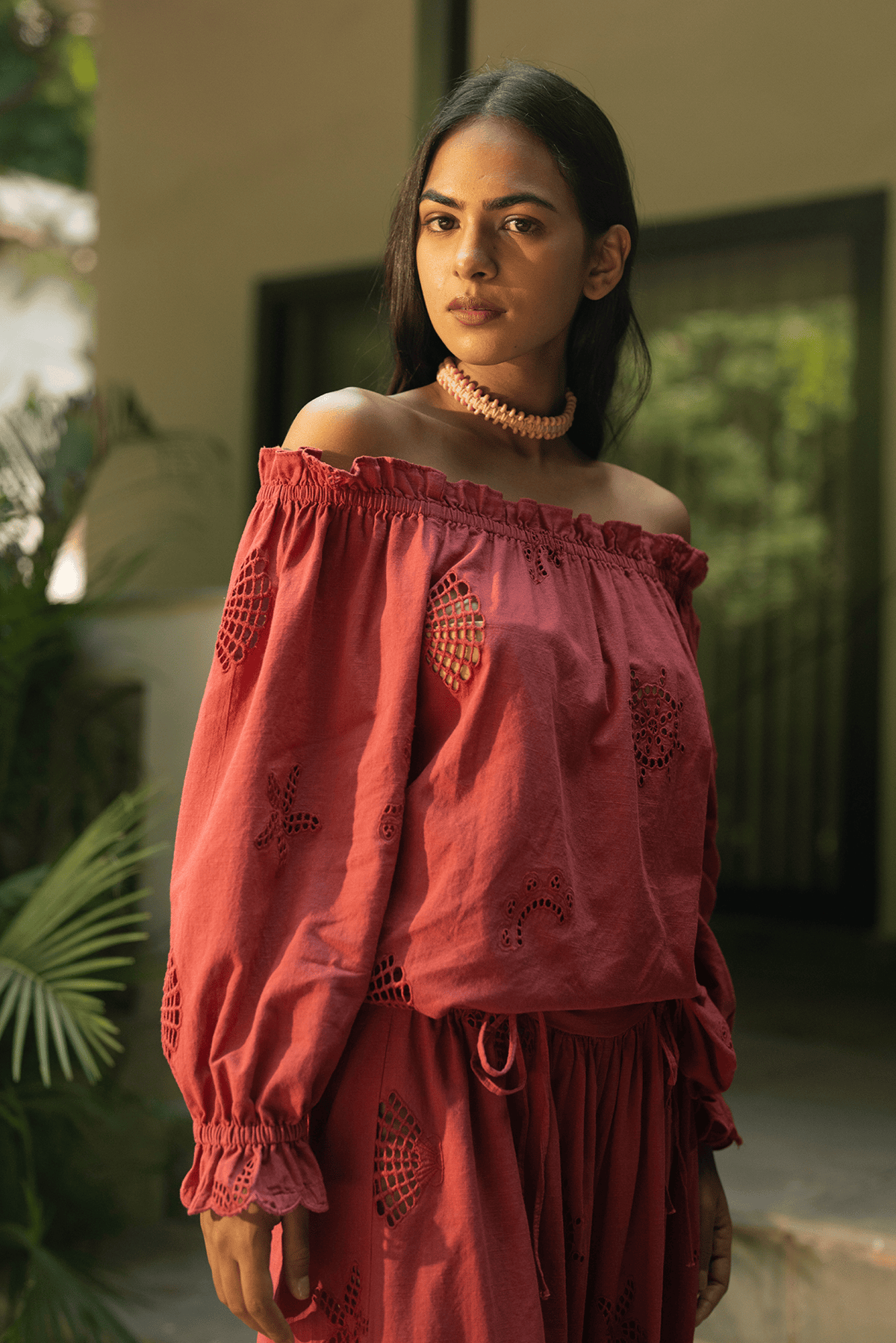 Rust Off-Shoulder Cotton Slub Schiffli Embroidered Blouse