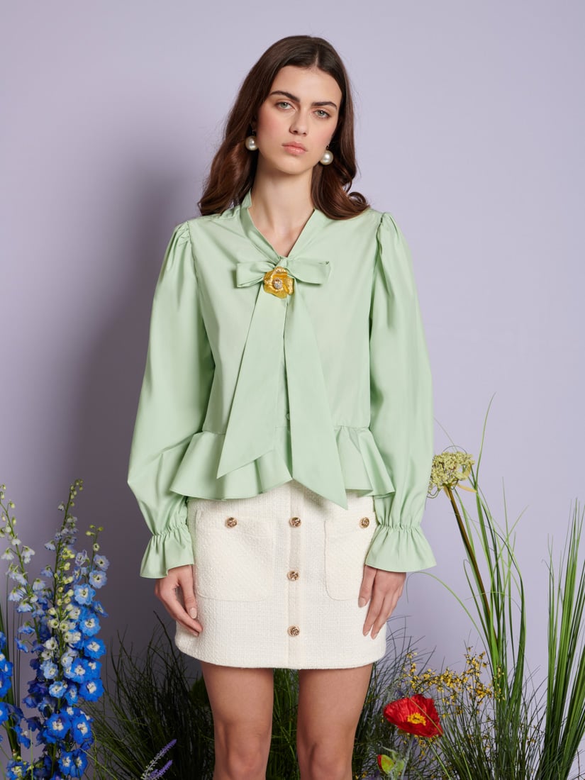 Green Tie-Neck Bow Blouse with Puff Sleeves