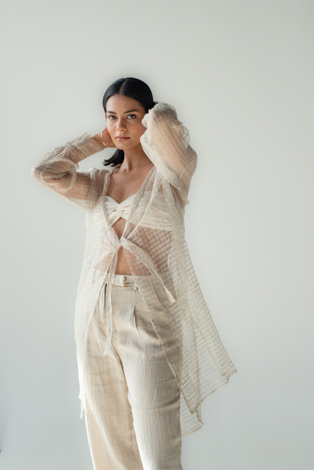 Natural Sheer Longline Linen Shrug with Tie-Up