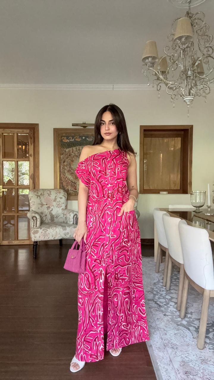 Pink One-Shoulder Abstract Print Maxi Dress