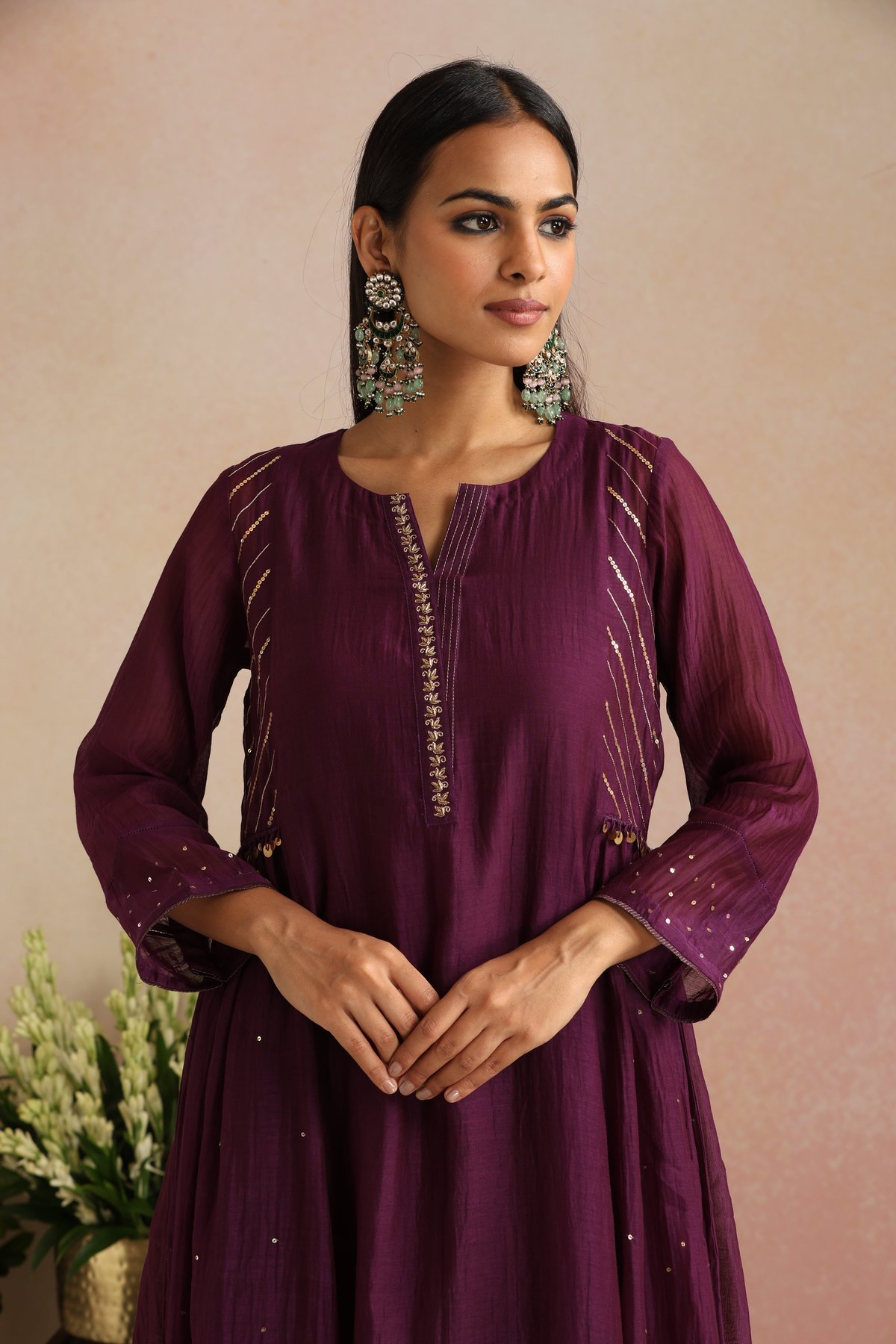 Baingani Silk Chanderi Embroidered A-Line Kurta Set