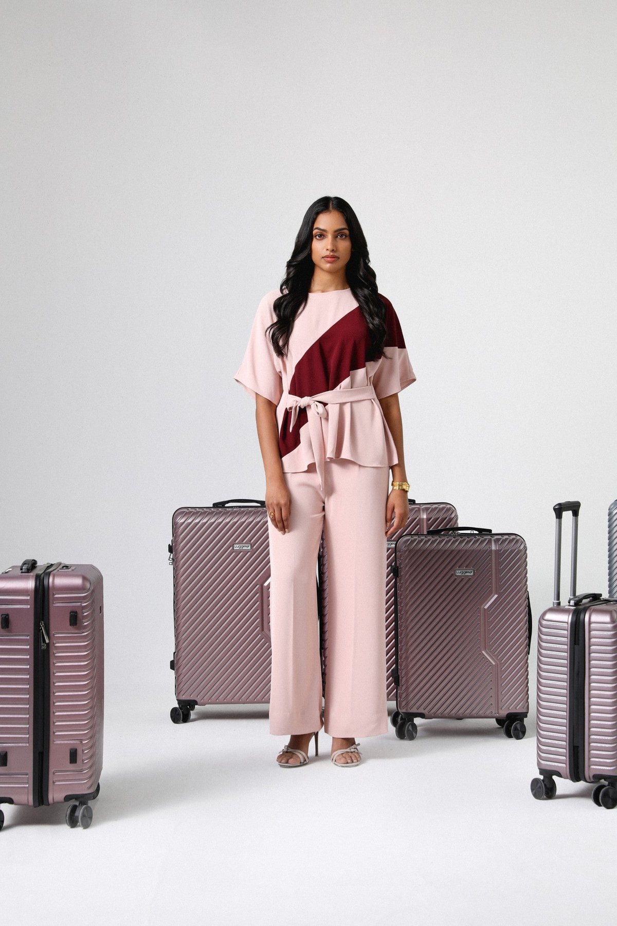Nude Pink and Wine Colorblock Co-ord Set with Tie-Up