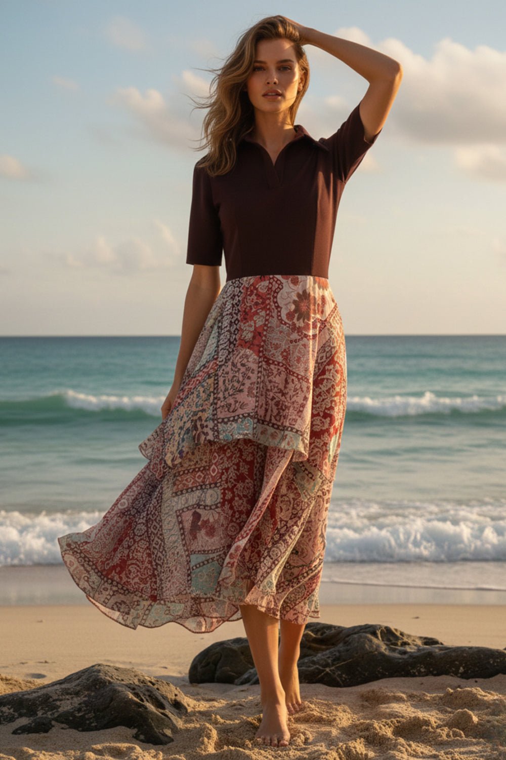 Brown Collared Asymmetrical Printed Georgette Midi Dress
