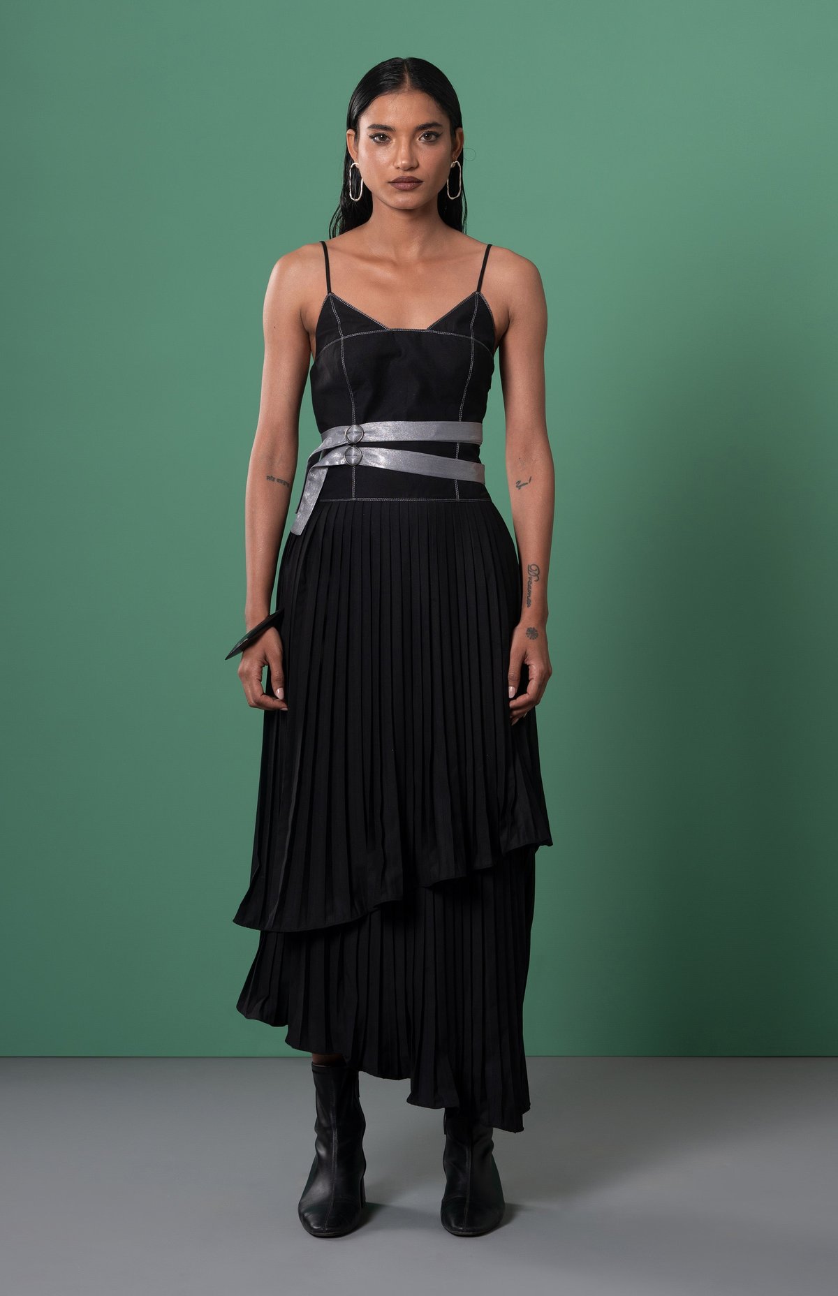 Black Pleated Midi Dress with Silver Belt