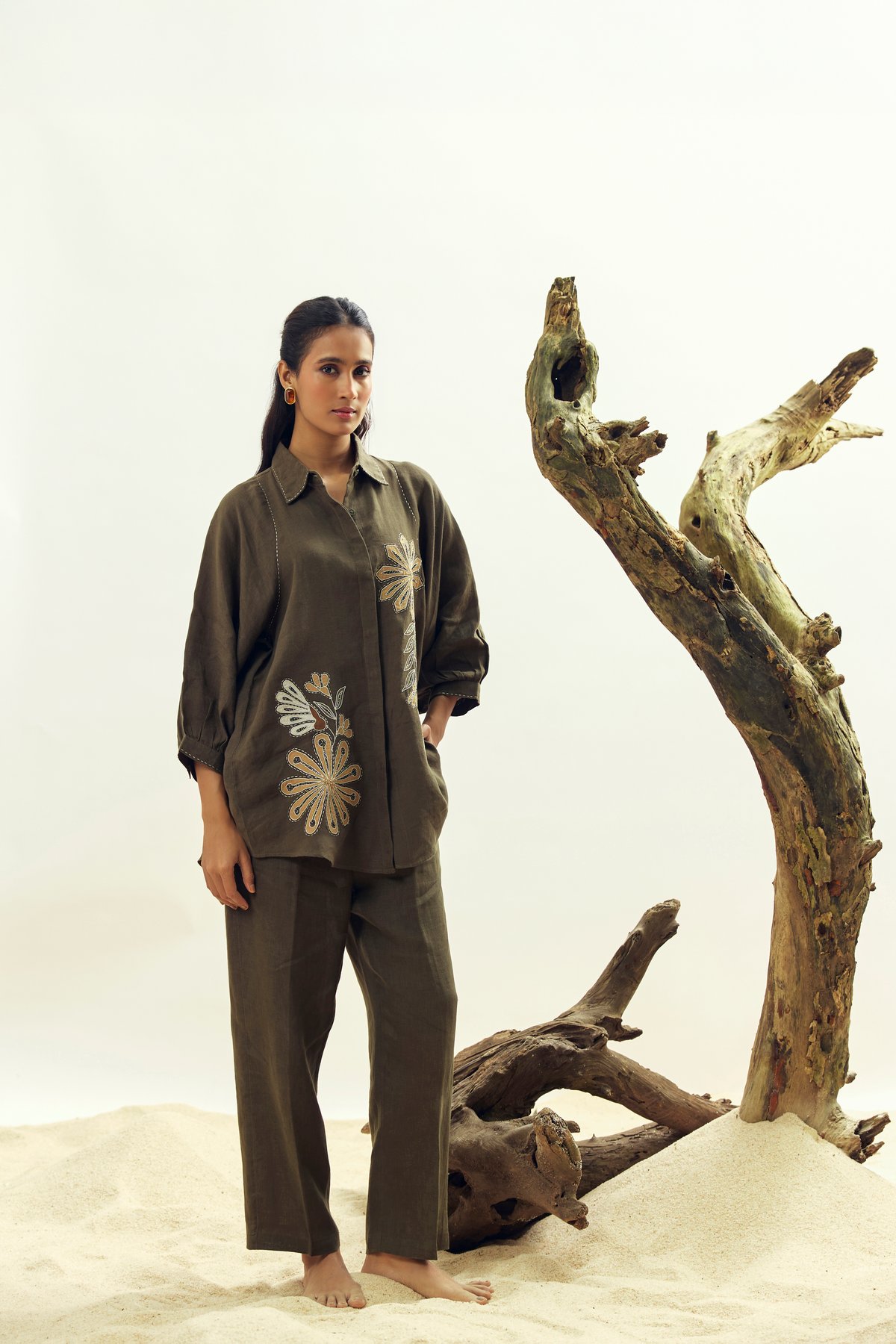 Olive Linen Longline Shirt with Floral Embroidery