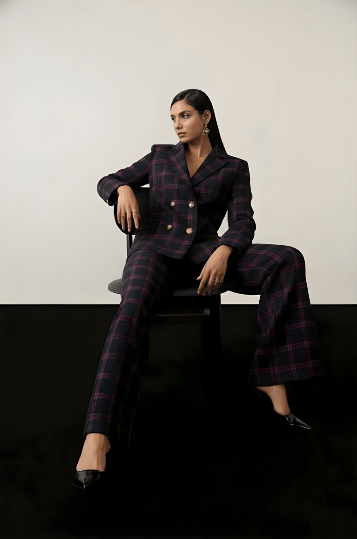 Navy Check Tweed Blazer and Wide-Leg Trouser Co-ord Set
