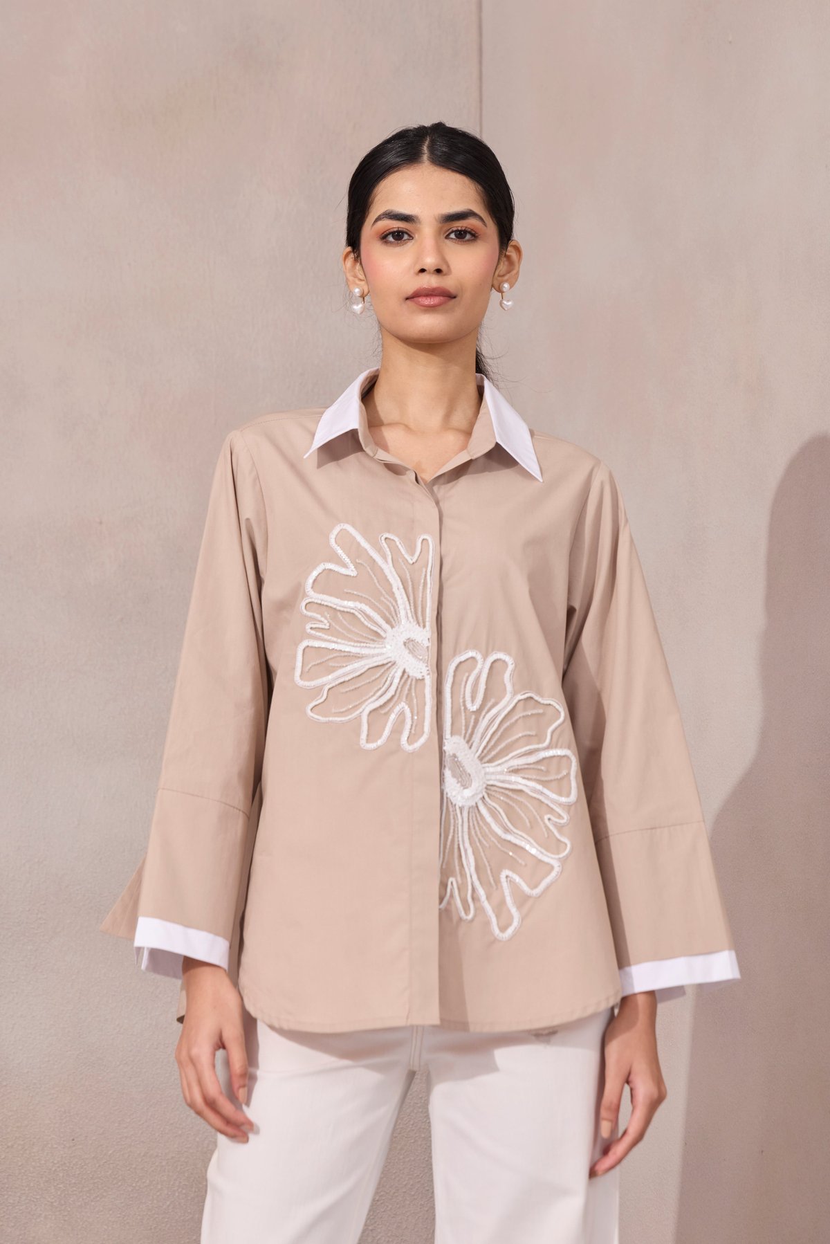 Ginger Beige Floral Applique Cotton Poplin Shirt