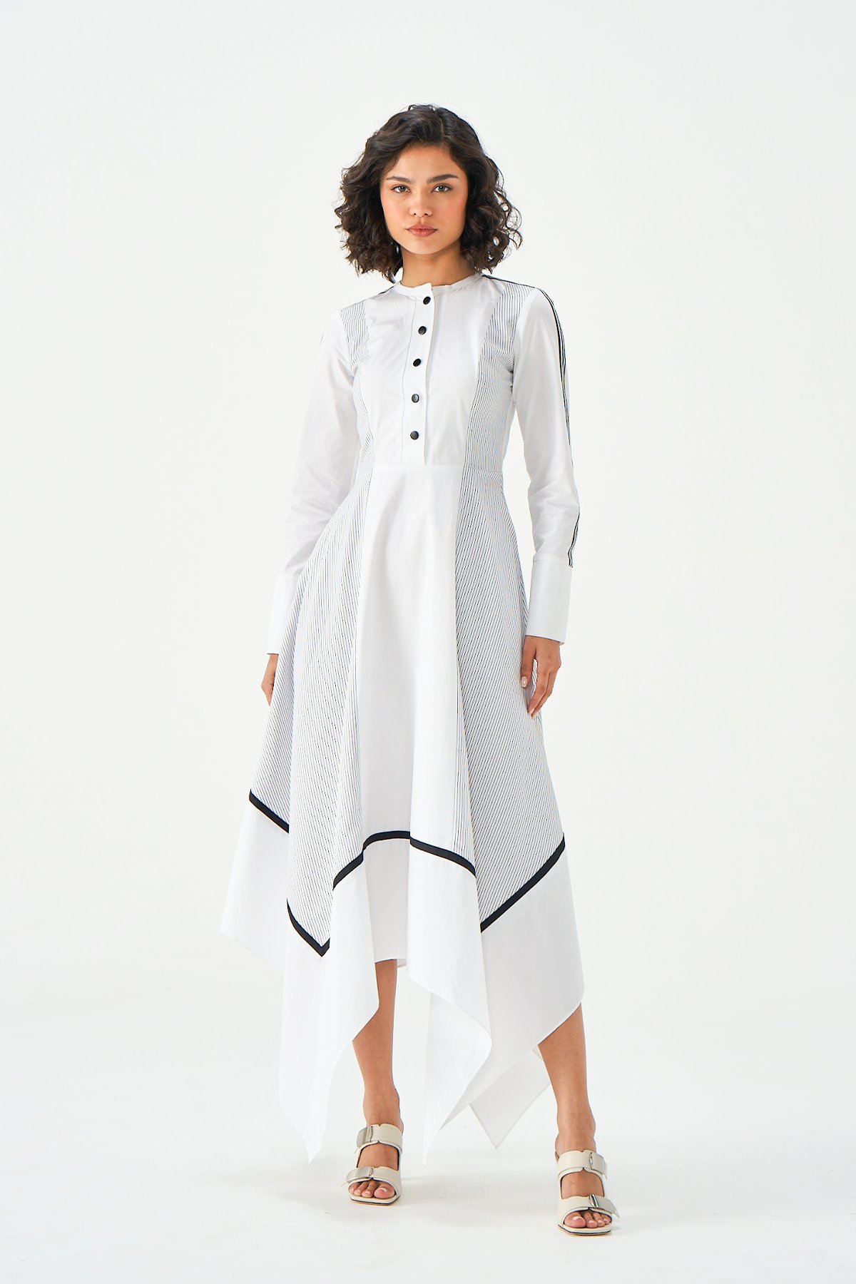 White/Black Cotton Midi Dress with Handkerchief Hem