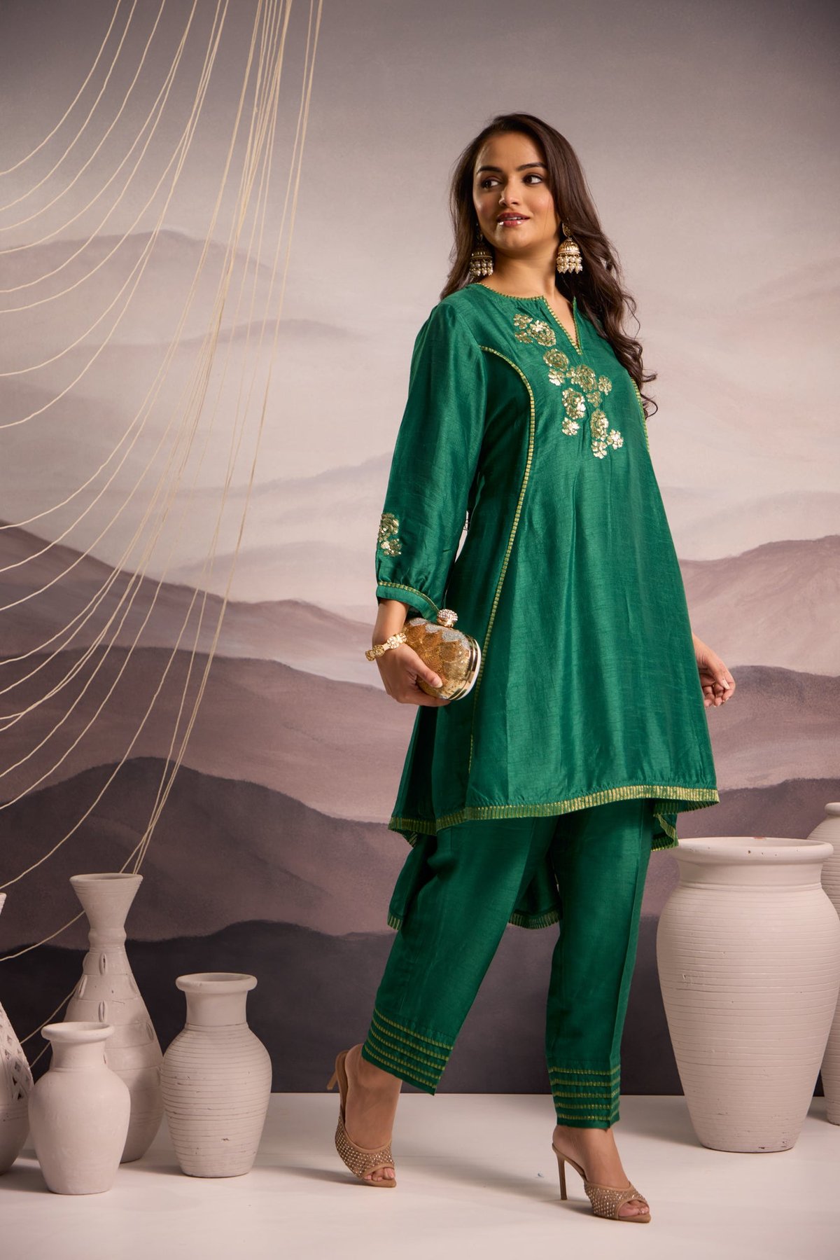 Flared High Low Silk Kurta Set