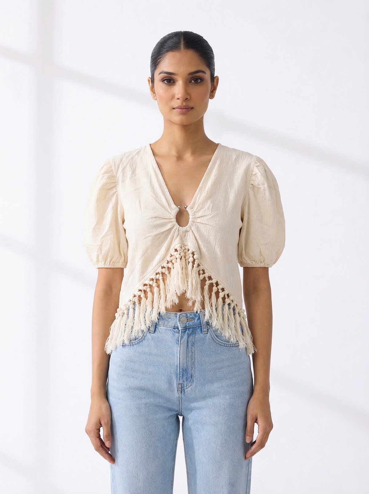 Natural Cream Ruched V-Neck Cropped Blouse with Fringe Hem