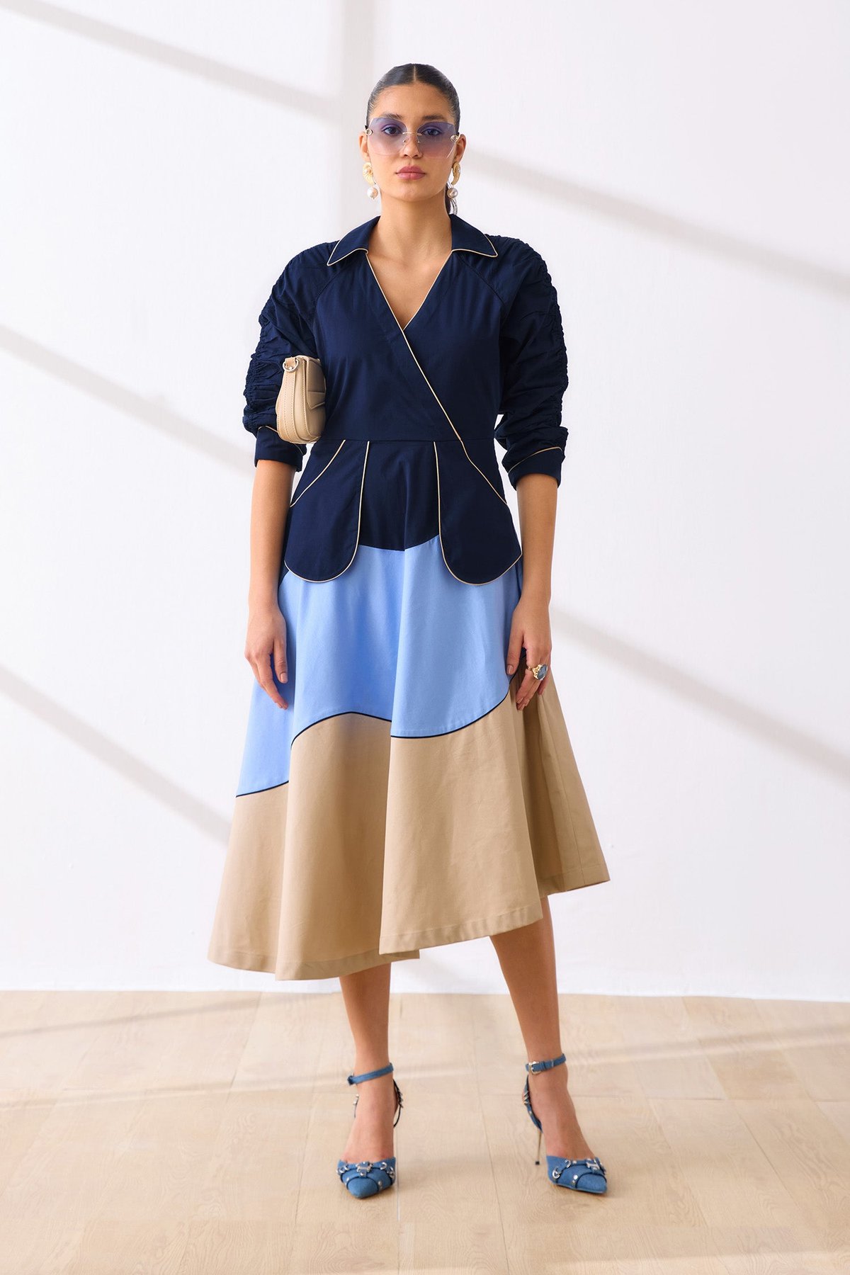 Navy, Blueberry and Ecru Colorblock A-Line Midi Dress
