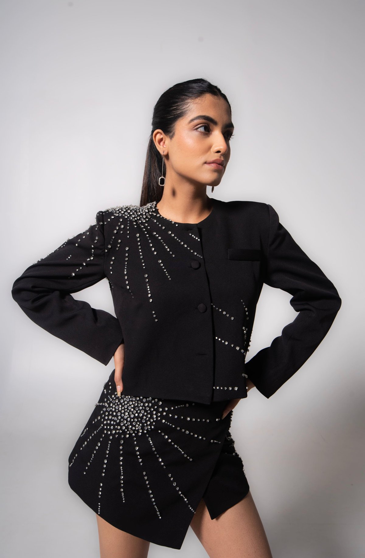 Black Cropped Embellished Jacket with Button Front