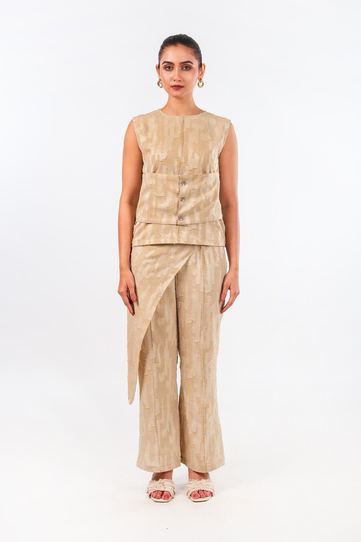 Beige Textured Jacquard Co-ord Set with Drape Panel