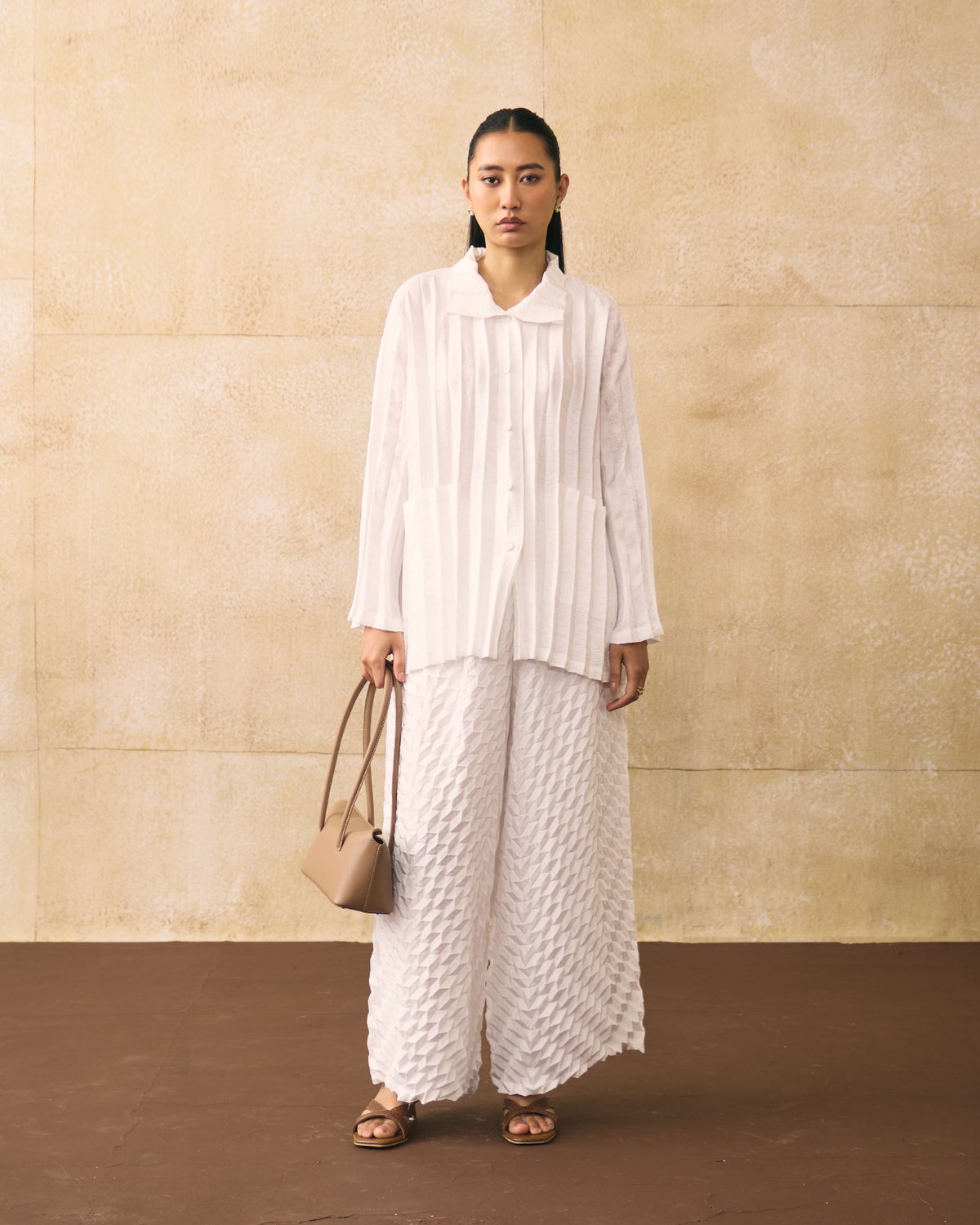 White Pleated Shirt and Wide-Leg Pants Co-ord Set