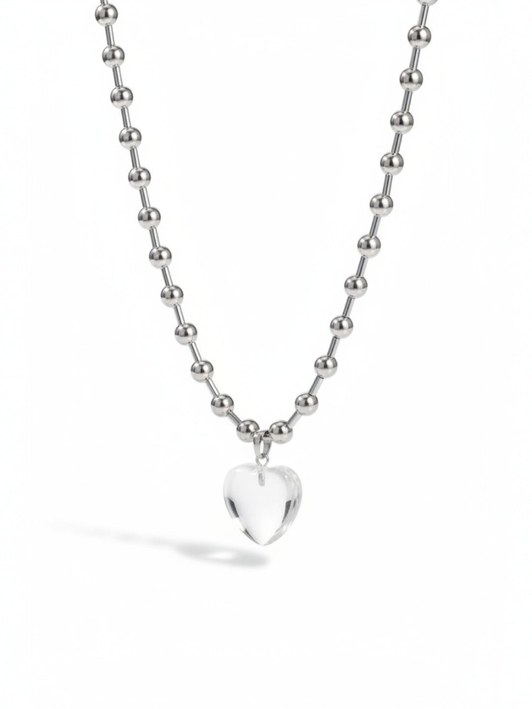 Silver Transparent Glass Heart Pendant Necklace